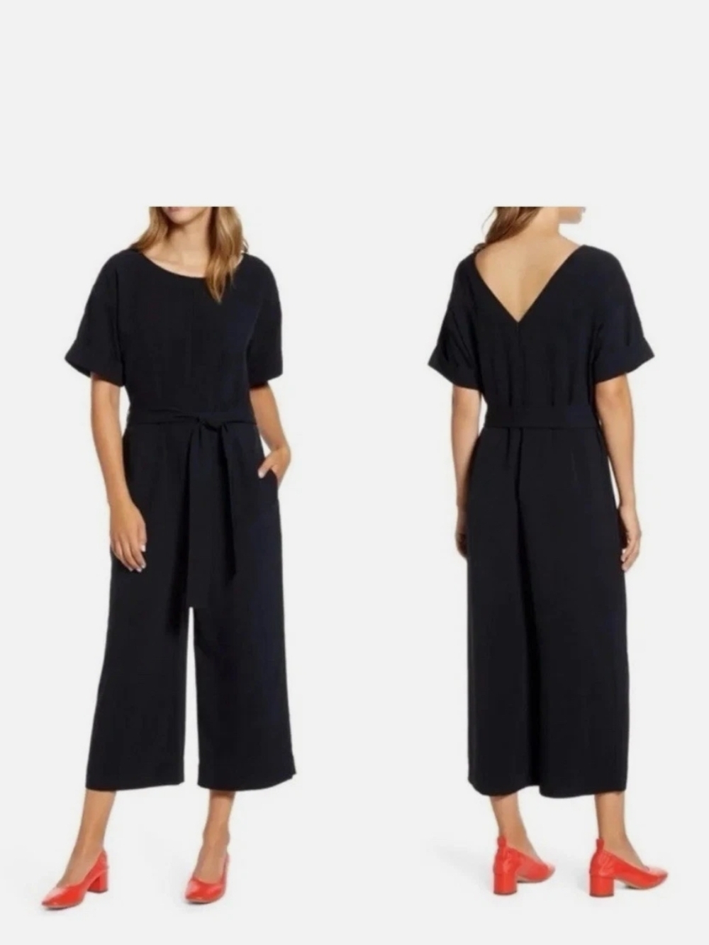Everlane Black Short-Sleeve Wide-Leg Cropped Jumpsuit